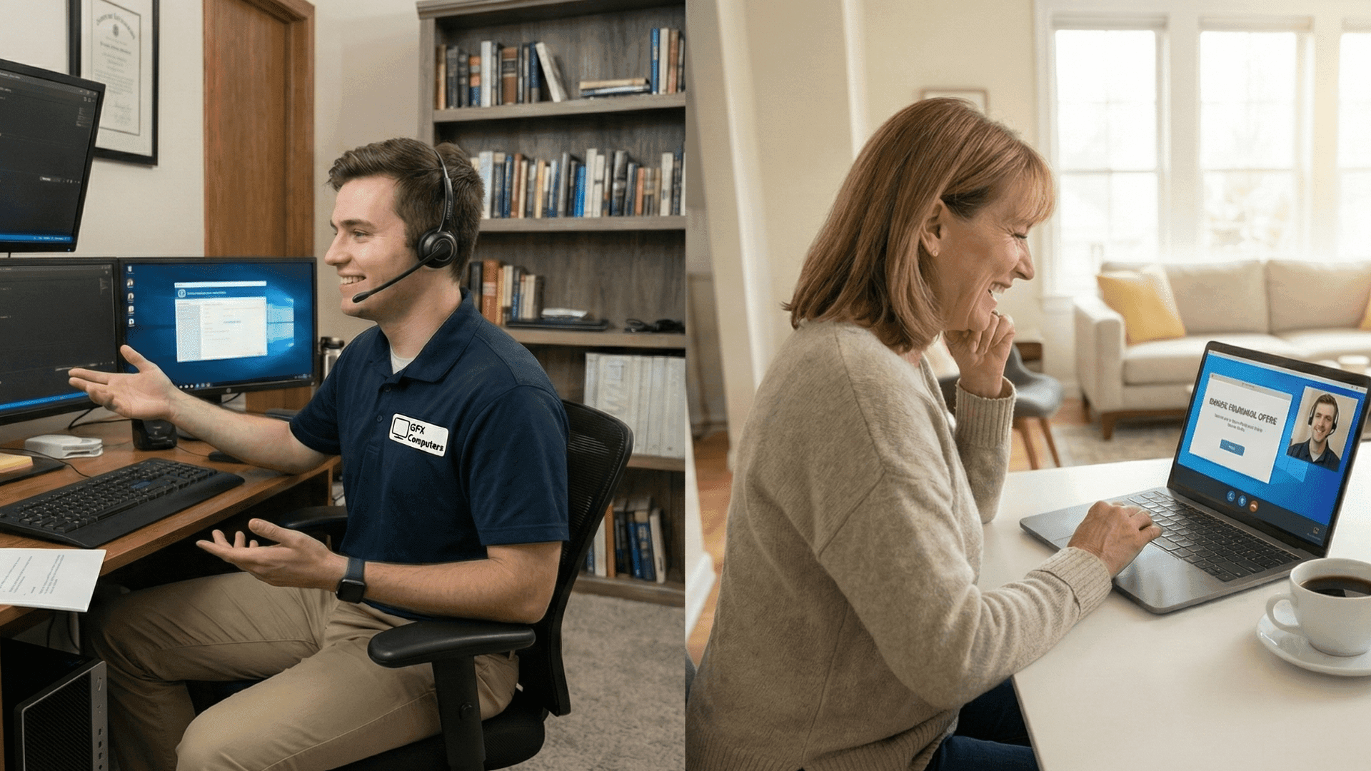 GFX Computers technician providing remote IT support via video call to a customer in Aberdeen, helping with computer issues from home