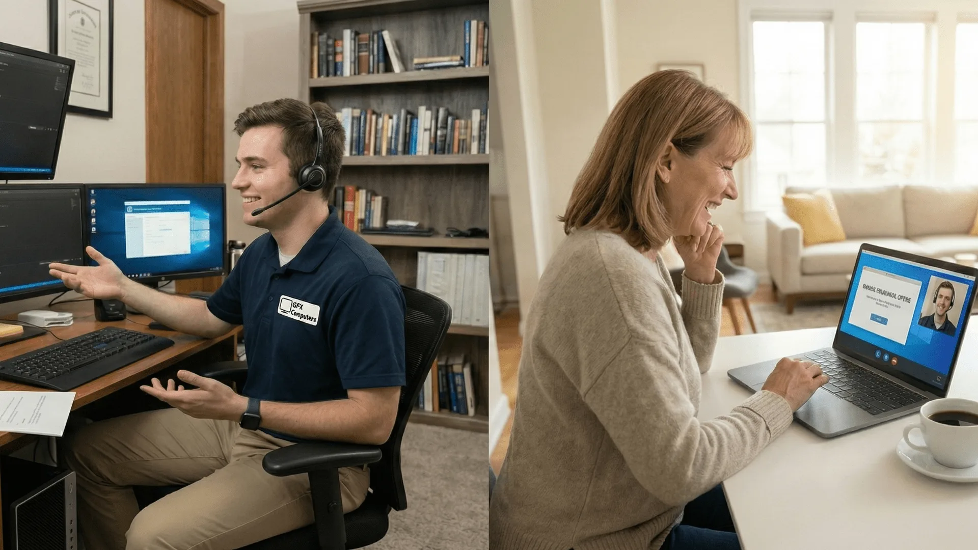 A GFX Computers technician providing remote IT support by video call to a customer at home