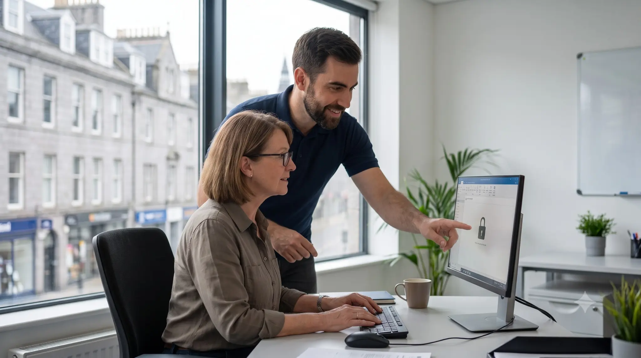 IT engineer during a small business cyber security check in an Aberdeen office