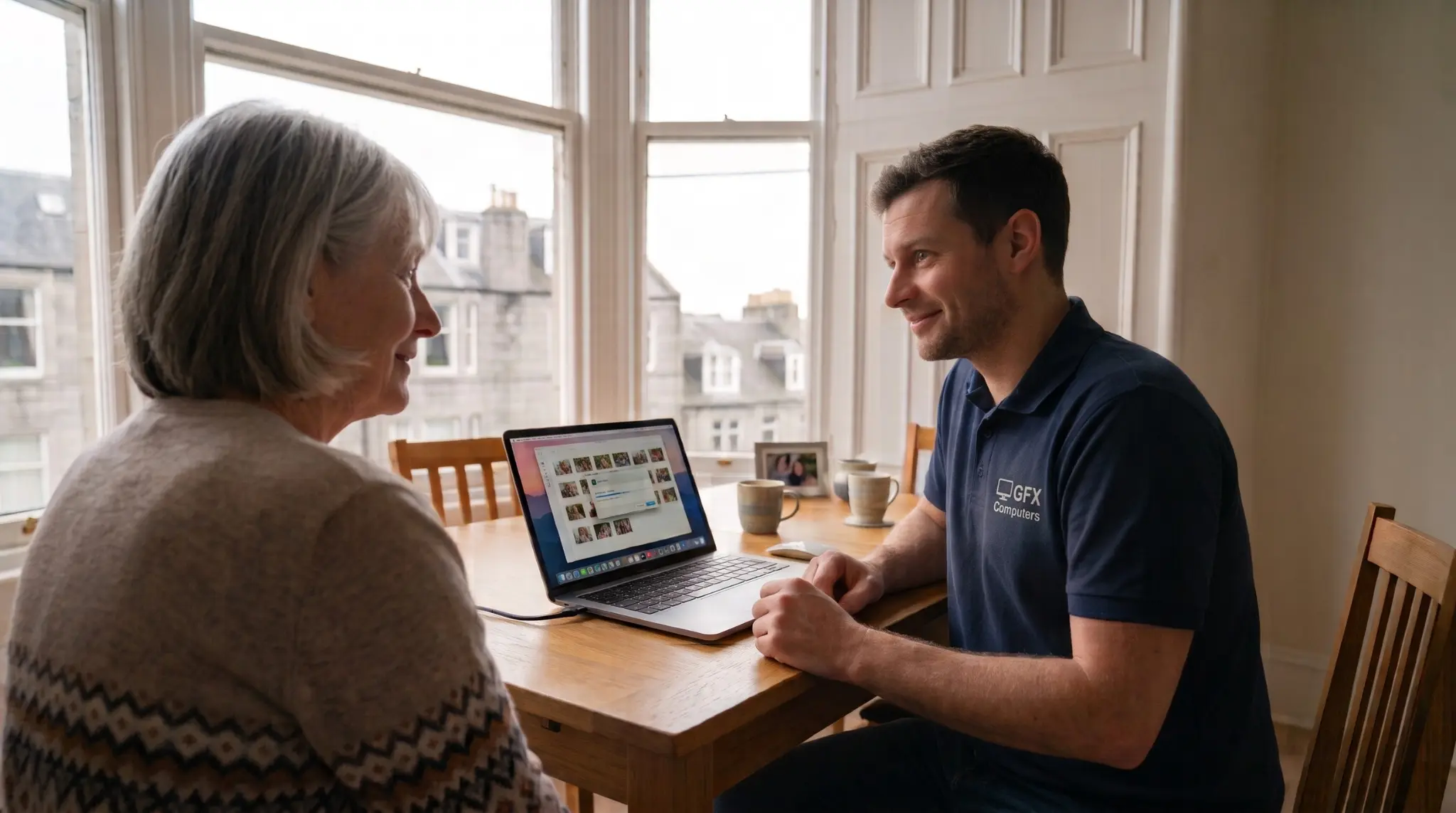 Engineer helping an older customer back up family photos from a laptop