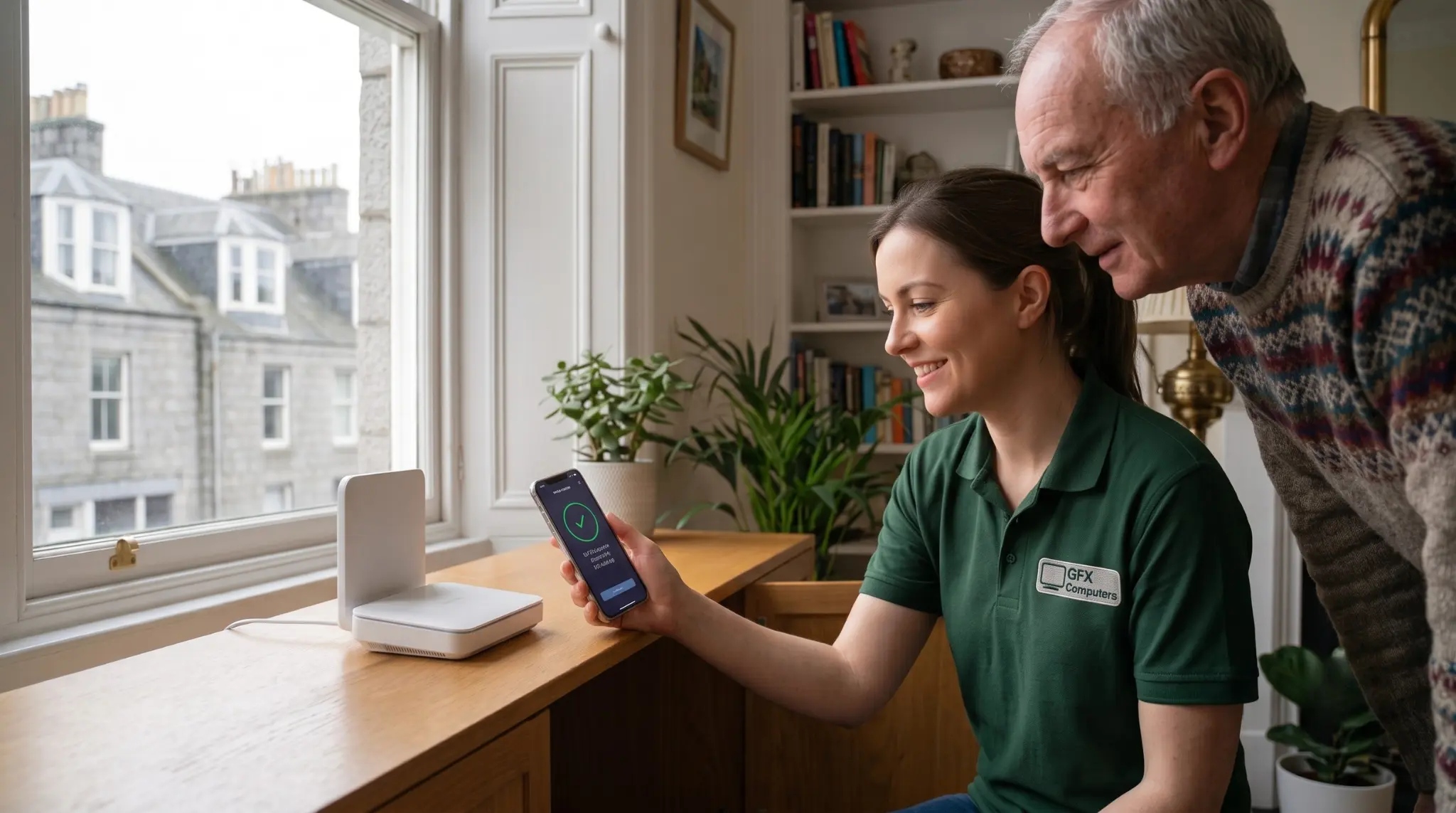 GFX Computers engineer confirming a Wi-Fi speed test beside a broadband router in an Aberdeen home