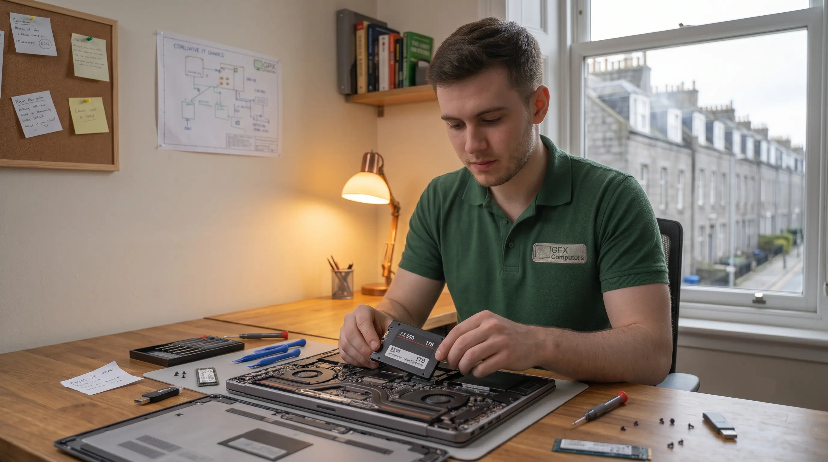 Technician upgrading a slow laptop with an SSD in Aberdeen