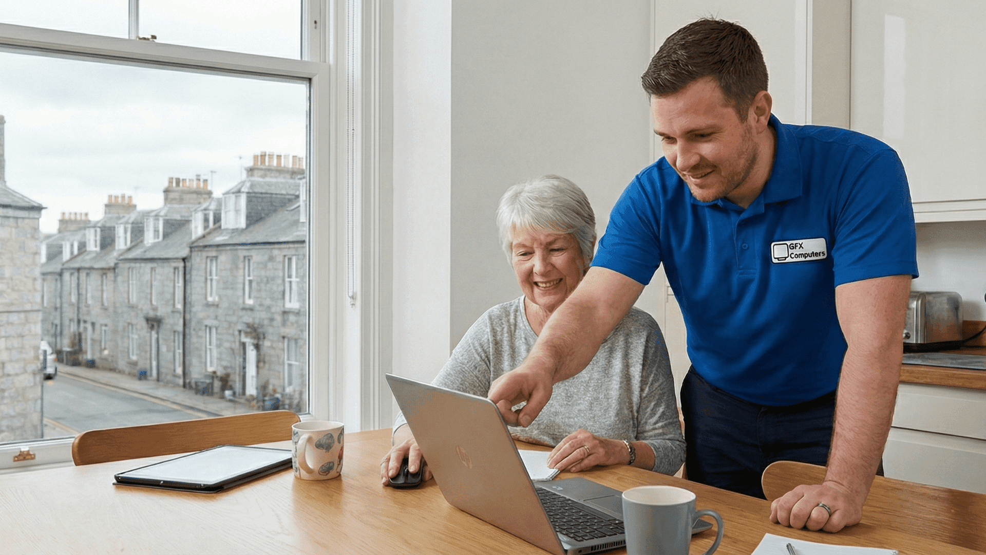 GFX Computers technician offering patient home IT support to an elderly customer in Aberdeen, helping with laptop setup.