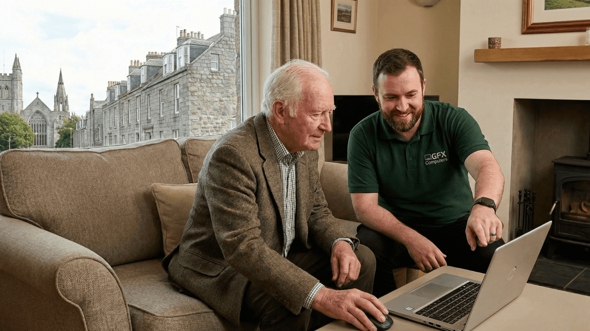 Local GFX Computers engineer helping an older customer with computer troubleshooting during a home visit in Aberdeen.